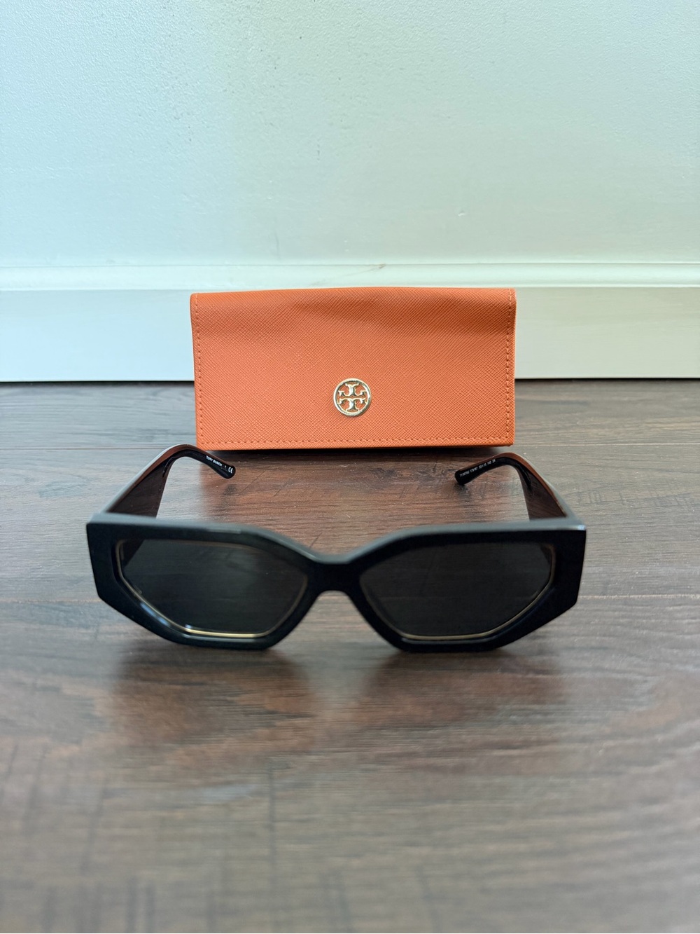 Tory Burch Black Angular Sunglasses with Orange Case